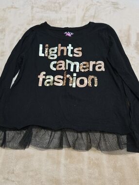 Place Black Long Sleeve Tee with Gold Sequin 'Lights Camera Fashion'